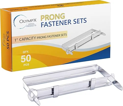 1 Inch Capacity Premium Prong Paper Fastener Complete Set, 2.75 Inch Base with Standard 2-Hole Punch for Home, Work, and School, by Olympx (50 per Box)