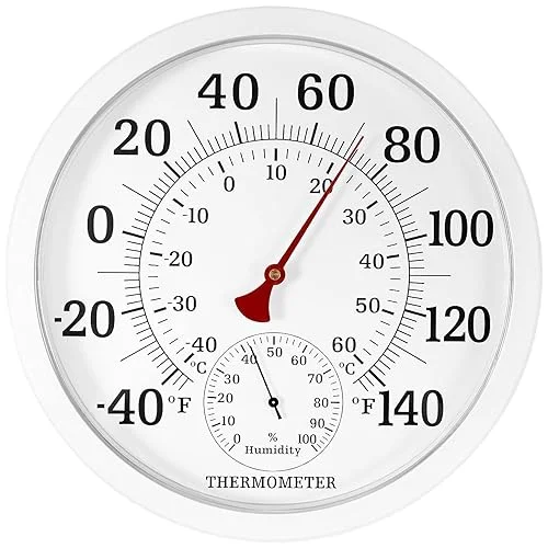 10.5 Inch Indoor Outdoor Thermometer Large Numbers – Weather Thermometer Hygrometer Waterproof, No Battery Needed Outdoor Thermometers for Patio, Home, Garden Decoration (White)