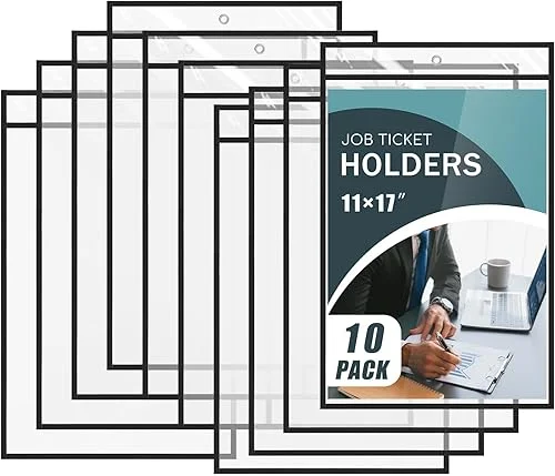 10 Pack 11 x 17 Inch Job Ticket Holders, Dry Erase Pockets, Clear Paper Sleeves, Shop Ticket Holders, Writable and Erasable Document Cover, Transparent Pocket Cover(Black)