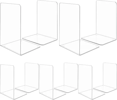 10 Pieces Book Ends, Clear Acrylic Bookends for Shelves, Heavy Duty Book Holders, Non Skid Decorative Bookends for School, Library, Bedroom, Office (7.28 x 4.7 x 4.7in)