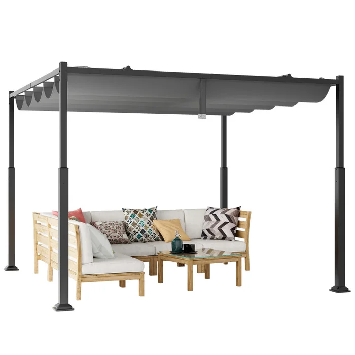 10 x 10 Feet Outdoor Pergola with Retractable Canopy and Metal Columns