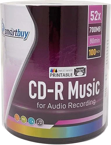 100 Pack Smartbuy Digital Audio CD-R Music 52X 700MB/80Min White Inkjet Hub Printable Blank Recordable Disc
