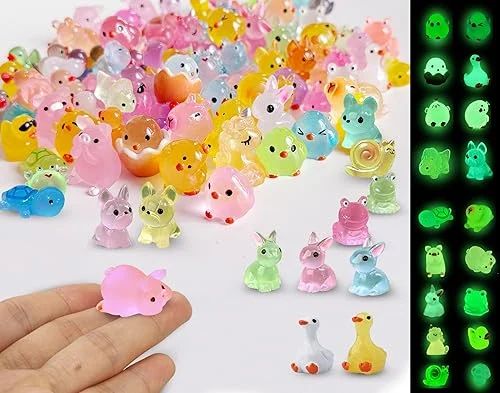 100 Pcs Luminous Tiny Resin Animals Bulk Mini Ducks Tiny Frogs Small Birds Figurines Glow in The Dark for Fairy Garden Aquarium Potted Decor Miniature Garden Accessories