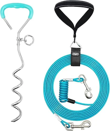 10FT Shock-Absorbing Dog Tie Out Cable & Stake for Backyard, Camping, Traveling, for Dogs up to 250Lbs, Durable Dog Tether/Leash