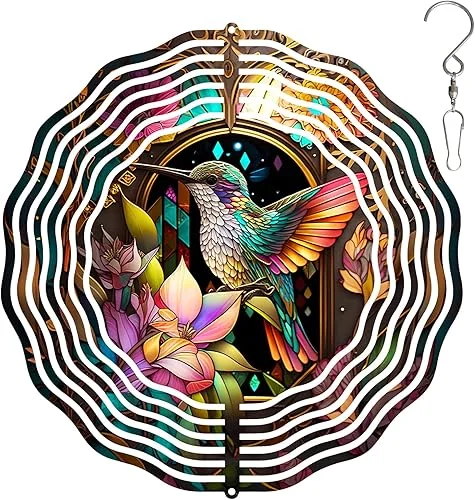 10Inch Hummingbird Wind Spinner, 3D Hummingbird Spinners Gorgeous Outdoor Garden Decoration 3D Steel Wind Spinner Outdoor Easy to Use Wind Sculptures Ideal Gift