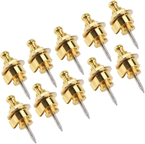 10Pcs Round Head Strap Locks and buttons Guitar Bass SchallerStyle Security Straplocks (Golden) strap lock w/button