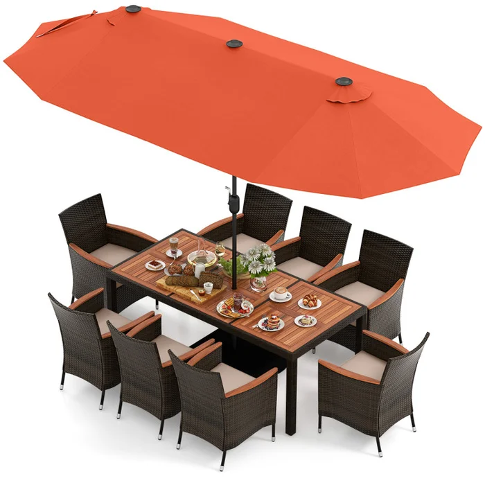 11 Pieces Patio Dining Set with 15 Feet Double-Sided Patio Umbrella and Base