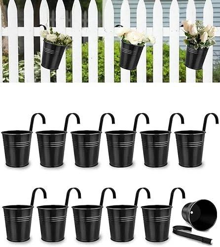 12 Pack Railing Planter for Outdoor Plants – 4 Inch Small Balcony Hanging Flower Pots with Detachable Hooks and Drain Holes Metal Oval Bucket Rail Box Fence Planters for Home Garden Decor, Black