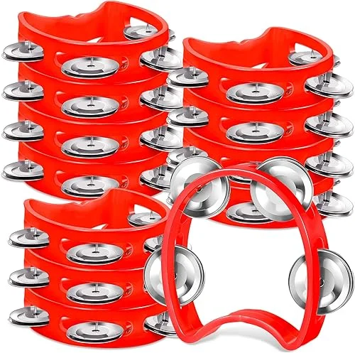 12 Pcs Plastic Percussion Tambourine with 4 Bells Rhythm Musical Instruments for Adults Hand Tambourine Hand Held Percussion Drum for Party Kindergarten Family School Supplies (Red)