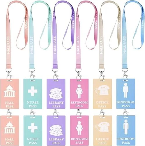 12 Pcs PVC Hall Pass Lanyards Set Unbreakable Bathroom Passes for Teachers Hall Library Office and Nurse Restroom Supplies Elementary Must Have(Pastel)