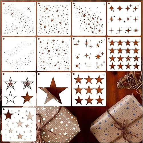 12 Pieces Sparkle Star Stencil Stars Background Craft Stencils Mixed Media Stencils for Painting on DIY Card Making Scrapbook Paper Fabric Pillows (12 Star)