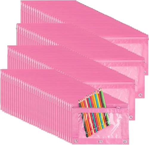 120 Pack Pencil Pouches 3 Ring Binder Pencil Case Oxford Cloth with Clear Window and Zipper Pulls for Kid Adults Office Student School Storage Supplies Favors(Light Pink)