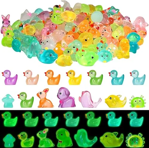 126 Pcs Glow-in-The-Dark Mini Resin Ducks & Animals Set – Colorful Tiny Ducks, Mushrooms, Dolphins, and Puppies for Party Decor, Mini Garden, Aquarium, Dollhouse, and Hidden Surprises