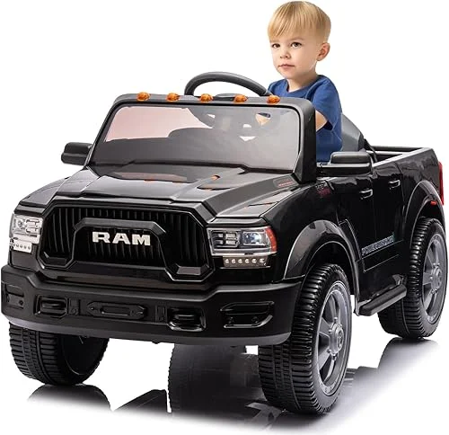 12V Ride on Toys for Kids 4-8, Licensed Ram 2500, Electric Car for Kids, with Remote Control, LED Light/Music/MP3, Back Storage & Cup Holder, Suitable for 3+ (Black)