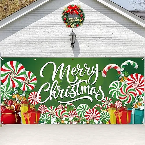 13 x 6 FT Christmas Garage Door Cover Banner Backdrop Decorations – Extra Large Candy Cane Gift Box Printed Hanging Door Background for Indoor Outdoor House Patio Lawn Outside Décor Party Supplies