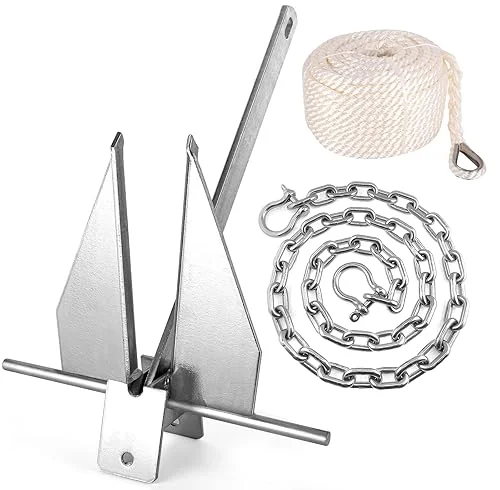 13Lbs Heavy Duty Boat Anchor Kit, Fluke Style Anchor Kit with Anchor Chain and Boat Anchor Rope Set for Boats Pontoon, Deck, Sail, Fishing, Portable Hot Dipped Galvanized Fluke Style Anchor