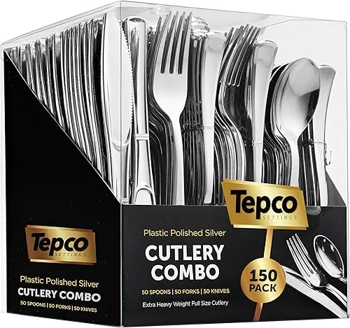 150 Silver Plastic Silverware Set-Plastic Silver Cutlery Set-Disposable Flatware Silver-50 Silver Plastic Forks, 50 Silver Plastic Spoons, 50 Silver Cutlery Knives Heavy Duty Silverware Party Bulk
