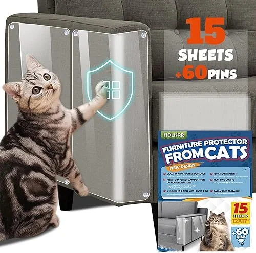 15Pack Anti Cat Scratch Furniture Protector, Couch Protector from Cat Claws Heavy Duty, Easy to Apply Scratching Deterrent and Shield for Sofa Corners, Walls, Doors- with 60 Twist Pins