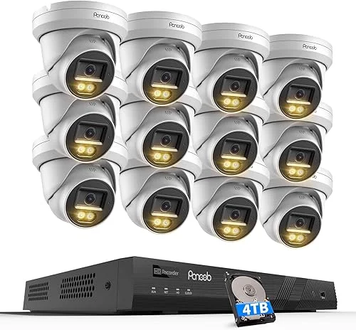 16 Channel Security Camera System 4K, 12x 8MP Wired IP Dome PoE Camera, Spotlight Color Night Vision, Human Vehicle Detection, Built-in Mic, Remote Access, 4K 16CH NVR 4TB HDD, PD93BA1216-8MD