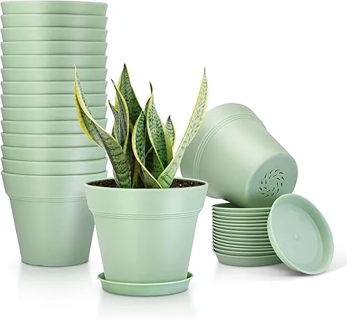 16 Pack Plastic Plant Pots with Drainage Holes and Tray, 4 inch Thickened Indoor Planters Seedlings Nursery Pots for Flowers, African Violet, Succulent and All House Plants, Green