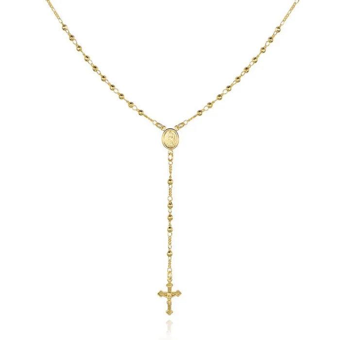 18-Inch 14K Gold Virgin Mary Rosary Bead Cross Necklace
