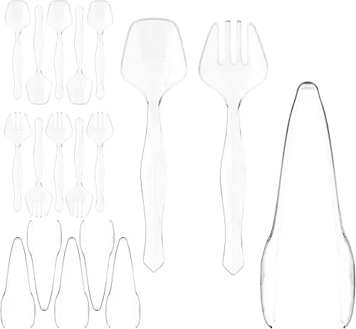 18 Pcs Clear Plastic Serving Utensils – 6 Clear Plastic Serving Spoons – 6 Clear Plastic Tongs For Serving – 6 Plastic Serving Forks – Heavy Duty Clear Disposable Serving Utensils Set For Parties