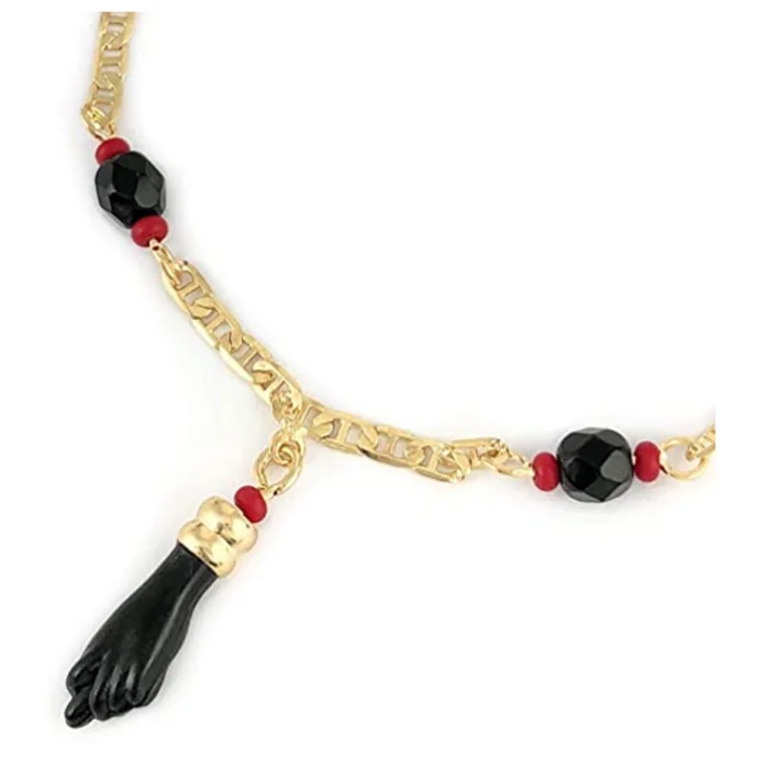 18K Gold-Filled Evil Eye Azabache Hand Charm Protection Mariner/Figaro Bracelet