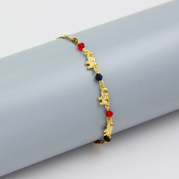 18K-Gold-Plated Elephant Anklet with Red & Black Crystals