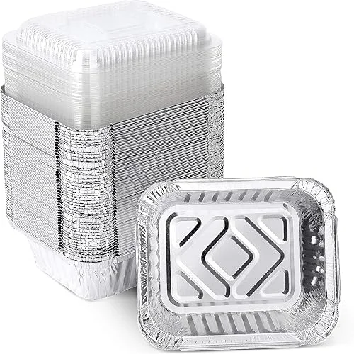 1LB Aluminum Pans with Clear Lids (50PACK)，Foil Pans – to Go Food Containers，Recyclable Aluminum Foil with Strong Seal for Freshness & Spill Resistance- 5.5’x 4.5’x 1.57′