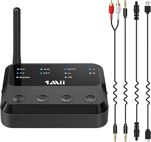 1Mii B310Pro Bluetooth 5.2 Transmitter Receiver for TV Home Stereo, aptX Low Latency/HD Long Range Wireless Audio Adapter for 2 Wireless Headphones, Bypass Mode, Optical, RCA, 3.5mm AUX