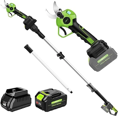 2-IN-1 Electric Pole Pruning Shears Cordless, 1.6′ Cutting Diameter Cordless Pruner with 9 FT High Reach Extension Pole, 21V 4.0Ah Battery Powered Pole Pruner for Tree Trimming, LCD Display