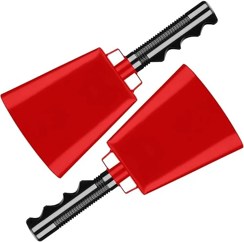 2 pack 10 in. steel cowbell/Noise makers with handles. Cheering Bell sporting, football games, events. Large solid school hand bells. Cowbells. Percussion Musical Instrument. Cow Bell Alarm (Red)