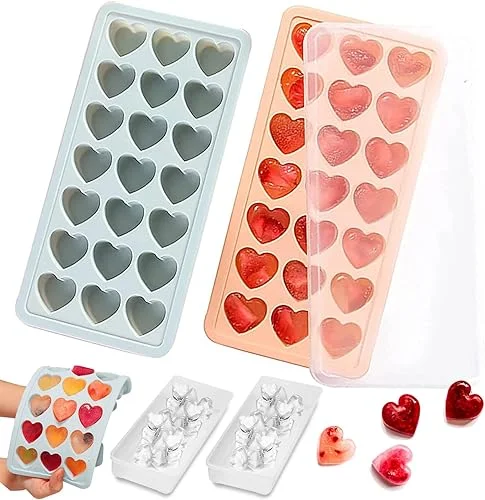2 Pack Heart Shpaed Ice Cube Trays with Lids, 42 Holes Silicone Heart Ice Cube Molds for Whiskey, Cocktail, Fun Shapes Ice Cubes, Chocolate, Candle, Candy, Jelly, Jello – with Lids Bins