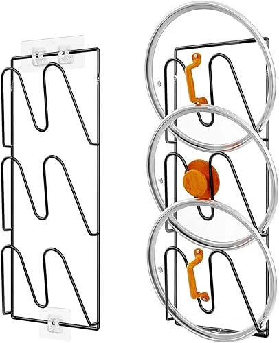 2 Pack Pot Lid Organizer Rack, 6-Tier Pot Lids Holder for Cabinet Door/Wall, No Drilling Adhesive Wall/Door Mounted Rustproof Pot and Pan Cover for Kitchen Storage, Classic Black