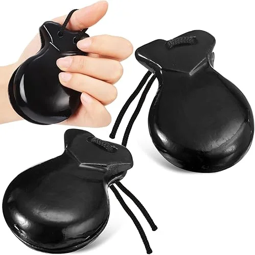 2 Pack Spanish Castanets Flamenco with String Traditional Wood Hand Percussion Castanets for Adults Kids Music Instrument Spain Souvenir Gift,1 Pair(Black)