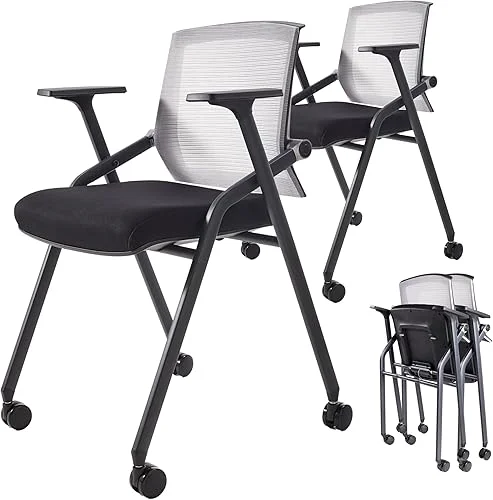 2 Pack Stackable Conference Room Chairs with Paddle Folding Office Chair Foldable Desk Chair Mesh Back and Arms for Conference Meeting Guest Reception Home Office Training Room Chair