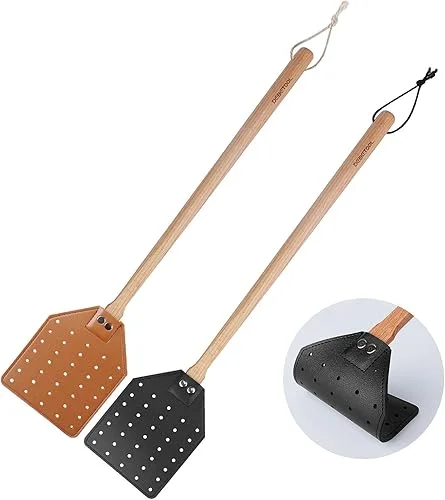 2 Pack Sturdy Leather Fly Swatter for Indoors – (19.7”)Long Handle Heavy Duty Wood Fly Swatter With Hanging Rope, Durable Fly Swatter for Outdoor Rustic Bug Swatter Flies,Mosquitoes And Bees