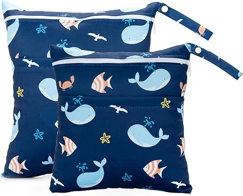 2 Pack Wet Dry Bags Waterproof Washable Travel Bags, Wet Bag with 2 Zippered Pockets for Diapers, Daycare, Bathing, Travel, Beach, Swimwear, Yoga Gym