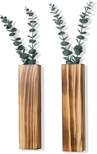 2 Pack Wood Wall Planters with 4 Pcs Artificial Eucalyptus, Plant Wall Decor for Living Room, Bedroom, Bathroom, Office, Wall Hanging Decor Wall Vase with Faux Plants, Brown
