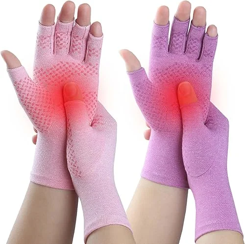 2 Pairs Compression Gloves for Rheumatoid Arthritis, Osteoarthritis, Carpal Tunnel Pain, Fingerless Arthritis Hand Gloves for Women Men Support Work&Computer Typing (Pink+Purple, Medium)