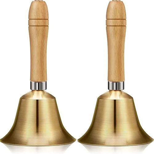 2 Pieces Solid Brass Hand Call Bells with Wooden Handle Handbells Loud Ringing Bell Hand Held Service Bell Animal Bell Decoration(3.15 x 3.15 x 5.9 Inch)