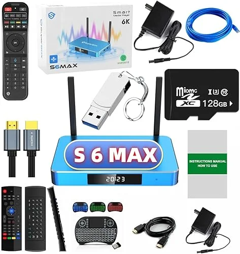 2025 Version S6 MAX 4GB RAM 64GB ROM 6K Ultra HD Built-in Voice Control 2*HDMI Cable,2* Power Supply,1* Voice Remote Control,1* 128 TF Card, 1 * 128 USB Flash Driver ect