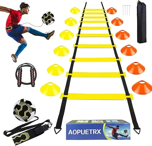 20FT Agility Speed Ladder Training Equipment Set Soccer Gifts for Boys 8-14 with 12 Cones, Solo Trainer & Jump Rope, Suitable for Home Gym and Playground