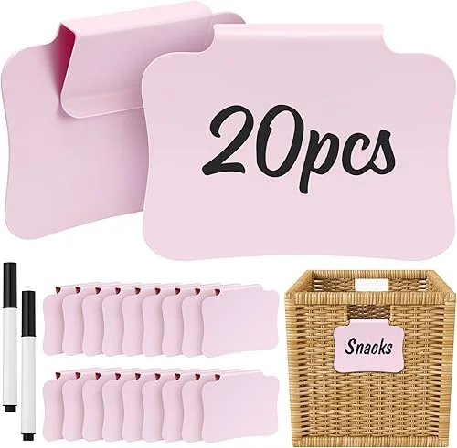 20PCS Basket Labels Clip On, Removable Plastic Bin Labels for Storage Bins, Pantry Organization and Storage Labels Hanging Tags for Basket Cube Box, in Pink
