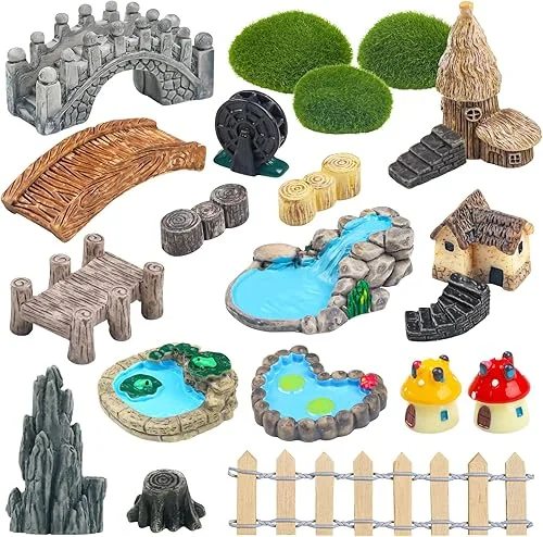21 Pcs Fairy Garden Miniatures Accessories Bridge House Landscape Water Well Fence Figurines Pond Mushroom Lawn Garden Ornament for DIY Craft Garden Succulent Decor