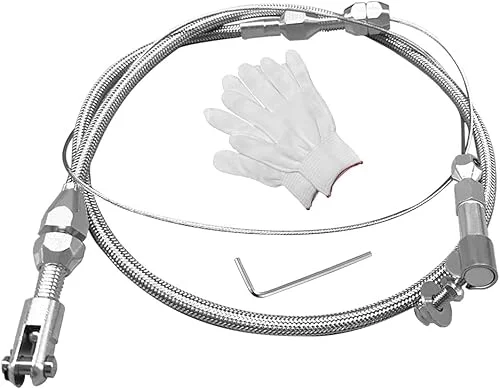 24′ Braided Throttle Cable Kit, Universal Accelerator Adjustable Throttle Cables Replacement, Stainless Steel Fuel Line Gas Cable Kit with Aluminum Fitting & Ferrule for Most Vehicles (24 Inch)