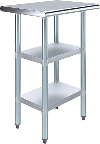 24′ Long X 18′ Deep Stainless Steel Work Table with 2 Shelves | Metal Food Prep Station | Commercial & Residential NSF Utility Table