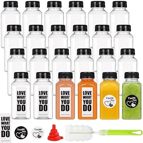 24 Pack 8oz Empty PET Plastic Juice Bottles with Leak-Proof Caps Lids, Reusable Clear Water Bottle Food Grade Bulk Beverage Containers for Juicing Smoothie Milk and Other Beverages
