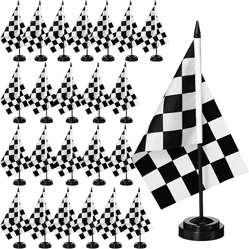 24 Pcs Black and White Checkered Racing Stick Flag Checkered Flag Sets Mini Racing Office Table Stick with 12′ Solid Pole Black Stand Base Decorations for Desk Car Party