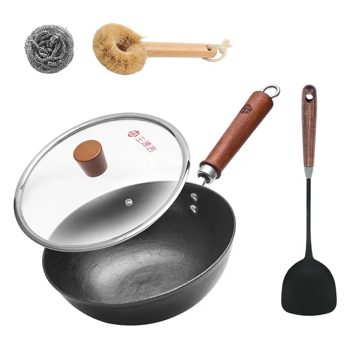 24CM Mini Wok Cooking Wok For One Person Iron Wok and Mini Chinese Iron Spatula with Wooden Handle